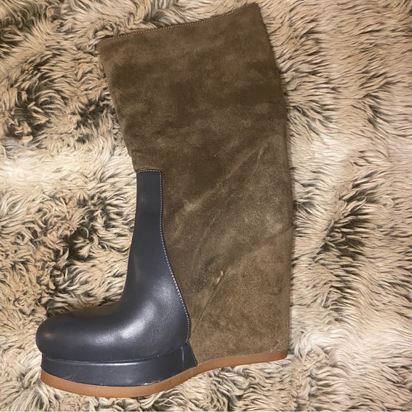 Jil Sander Brown Suede Black Leather Platform Wedge Boots Mid Calf Booties 36 6 - Picture 7 of 16